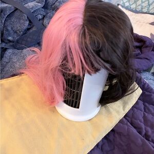 Two-Tone Pink and Black Split-Color Women's Wig - Trendy Half-and-Half Style